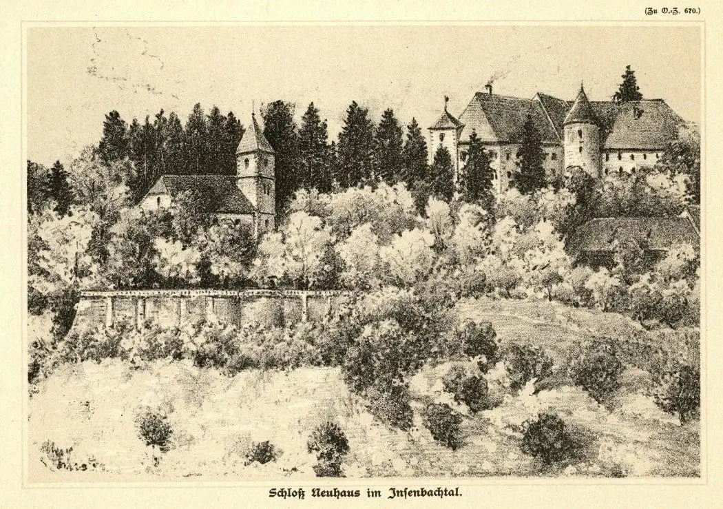 Historischer Stich von Schloß Neuhaus im Insenbachtal
