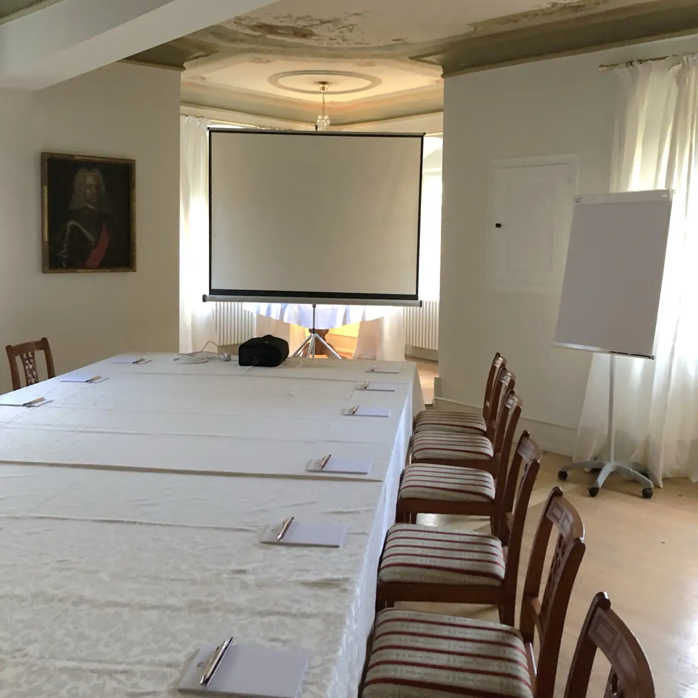 Tagungsraum im Schloß-Festsaal mit Leinwand und Flipchart
